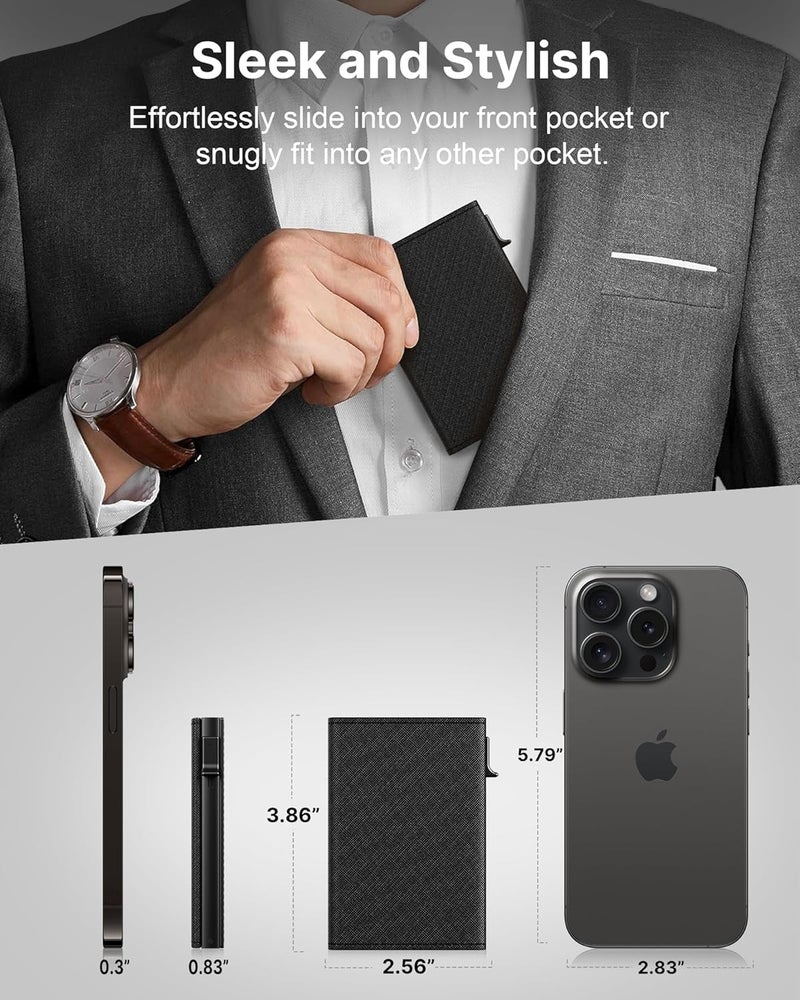 typecase محفظة رجال حامل بطاقات: علبة ألومنيوم قابلة للفتح، جلد طبيعي، ذكي، مانع RFID، نحيف، بسيط، جيب أمامي - سعة 9-14 بطاقة | نافذة هوية | فتحة نقدية (أسود كروس) - Image 4